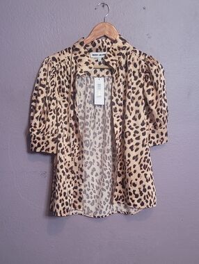 DKNY Leopard Print Button-Front Blouse in Beige and Black